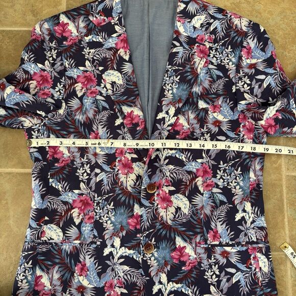 Tallia Blazer Mens Size 38R Blue Slim-Fit Floral Print Suit Jacket Linen Blend - Picture 5 of 11